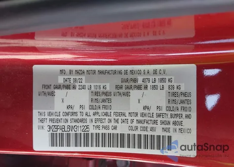 2022 Mazda Mazda3 Select z USA, uszkodzony, nr VIN 3MZBPABL6NM311225